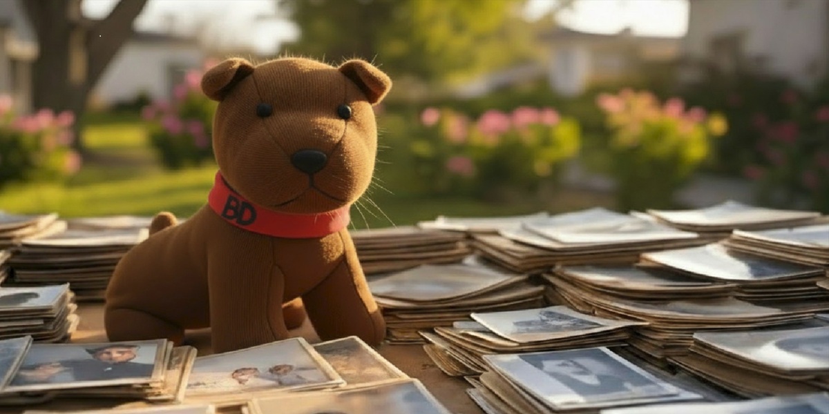 The Browndog stuffed animal sitting among stacks of old family photos.